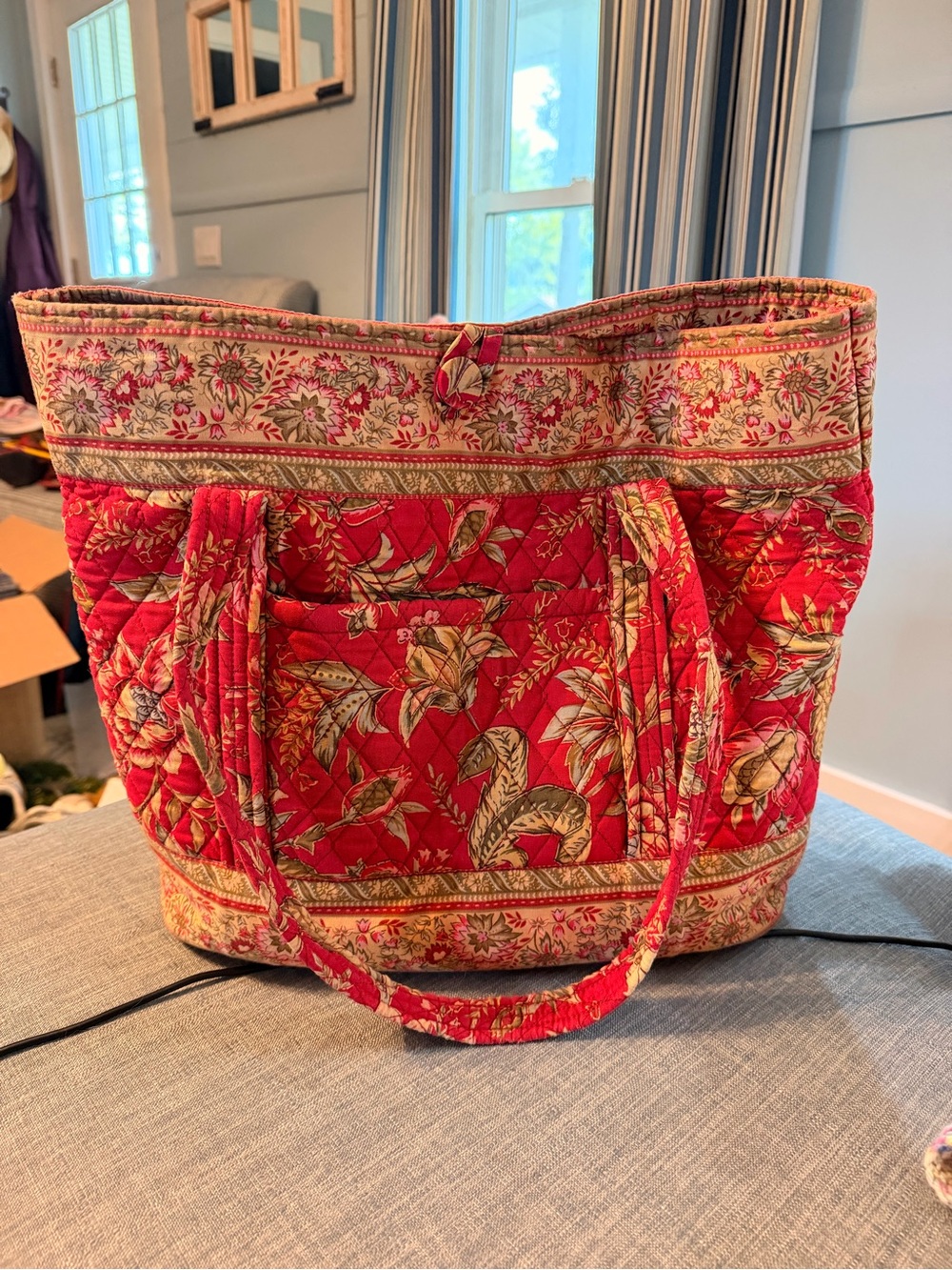 QK Quilted Red Paisley Floral Large Tote Bag Botanical Travel Shoulder Purse